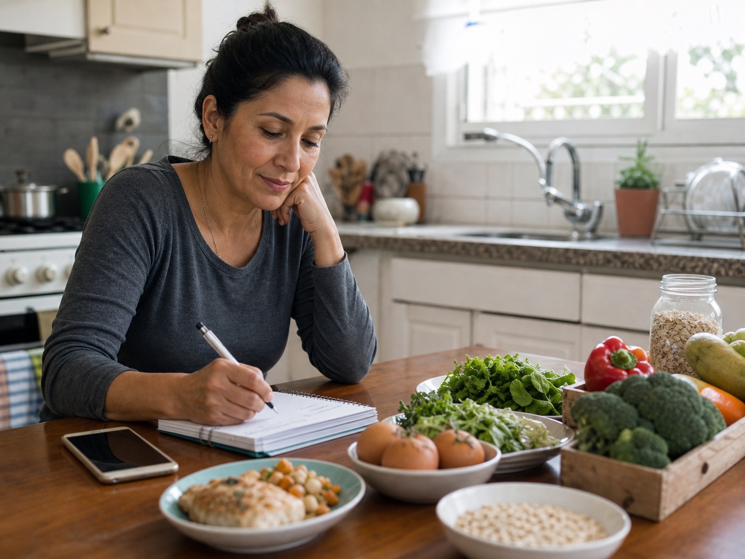 Mujer organizando comidas saludables en una cocina